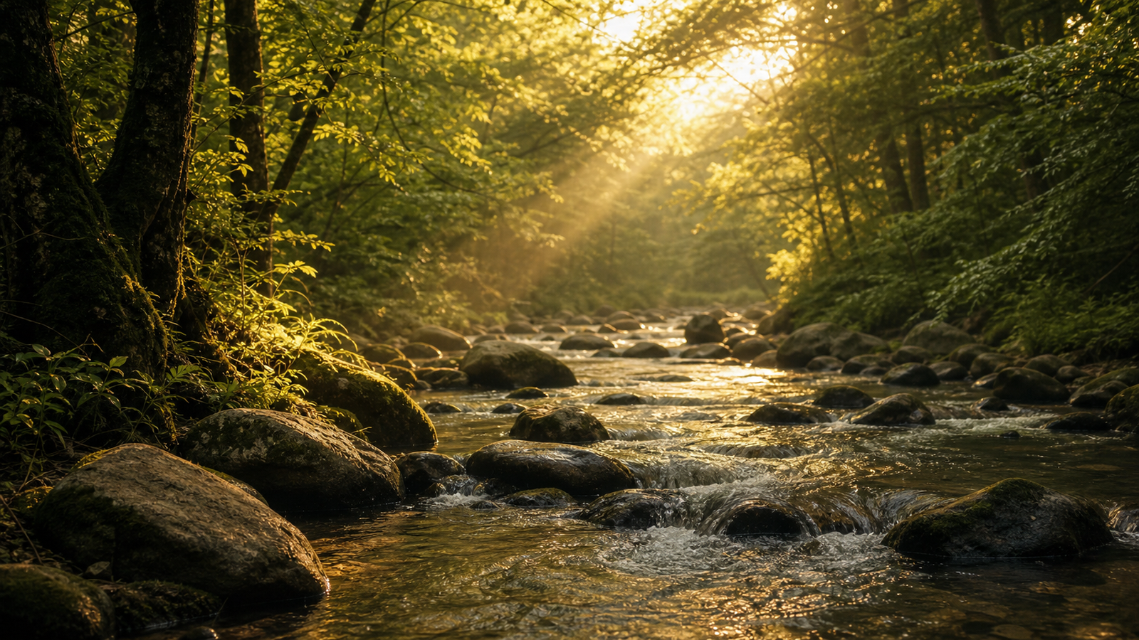 A peaceful forest stream in warm sunlight.