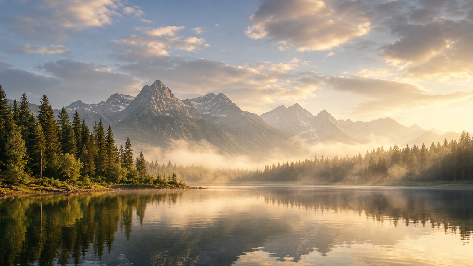 A calm mountain lake at sunrise.