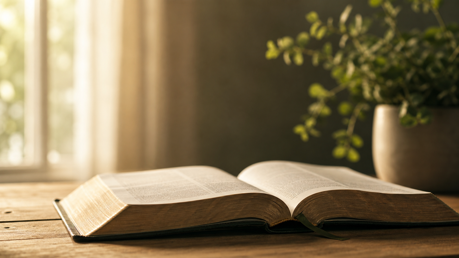 An open Bible on a wooden table in soft morning light.