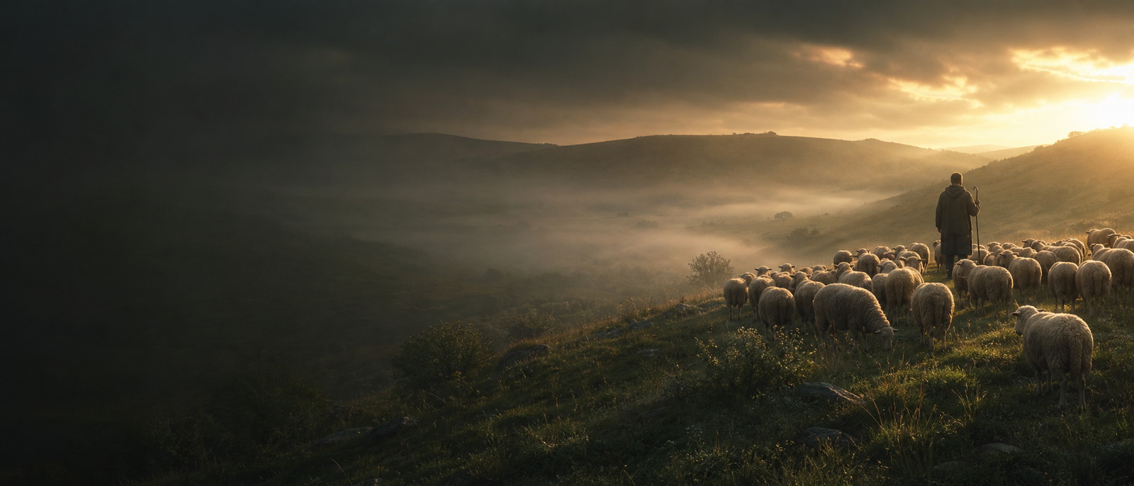 A shepherd with sheep on a misty hillside.