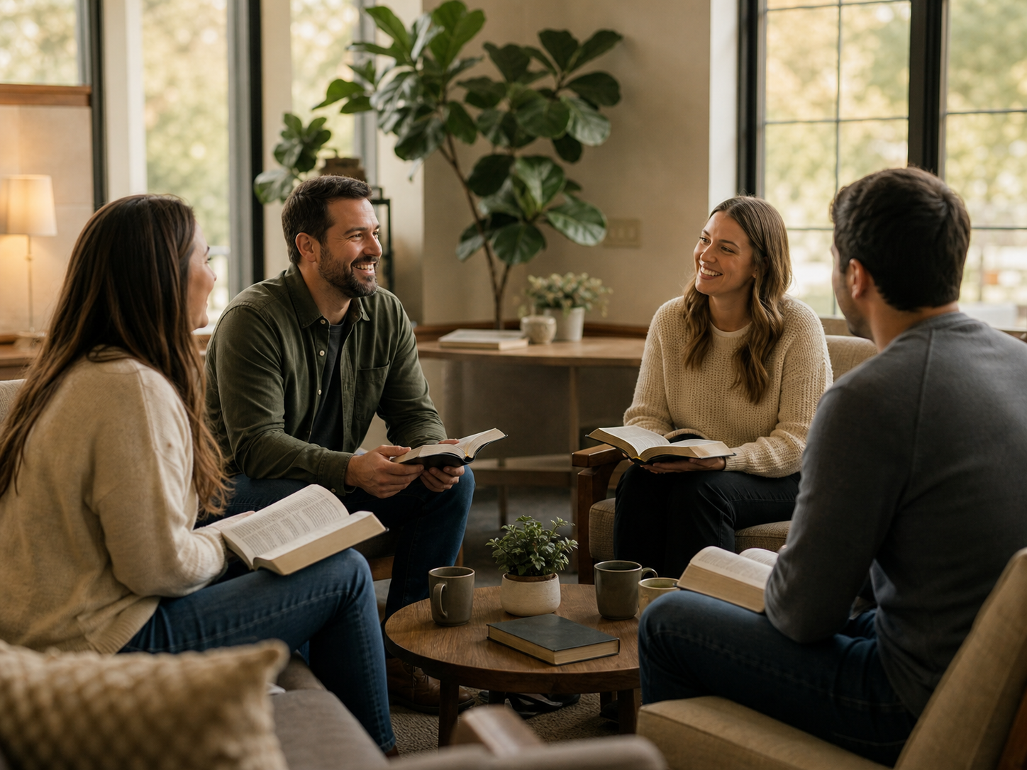 A small group Bible study in a bright church lounge.