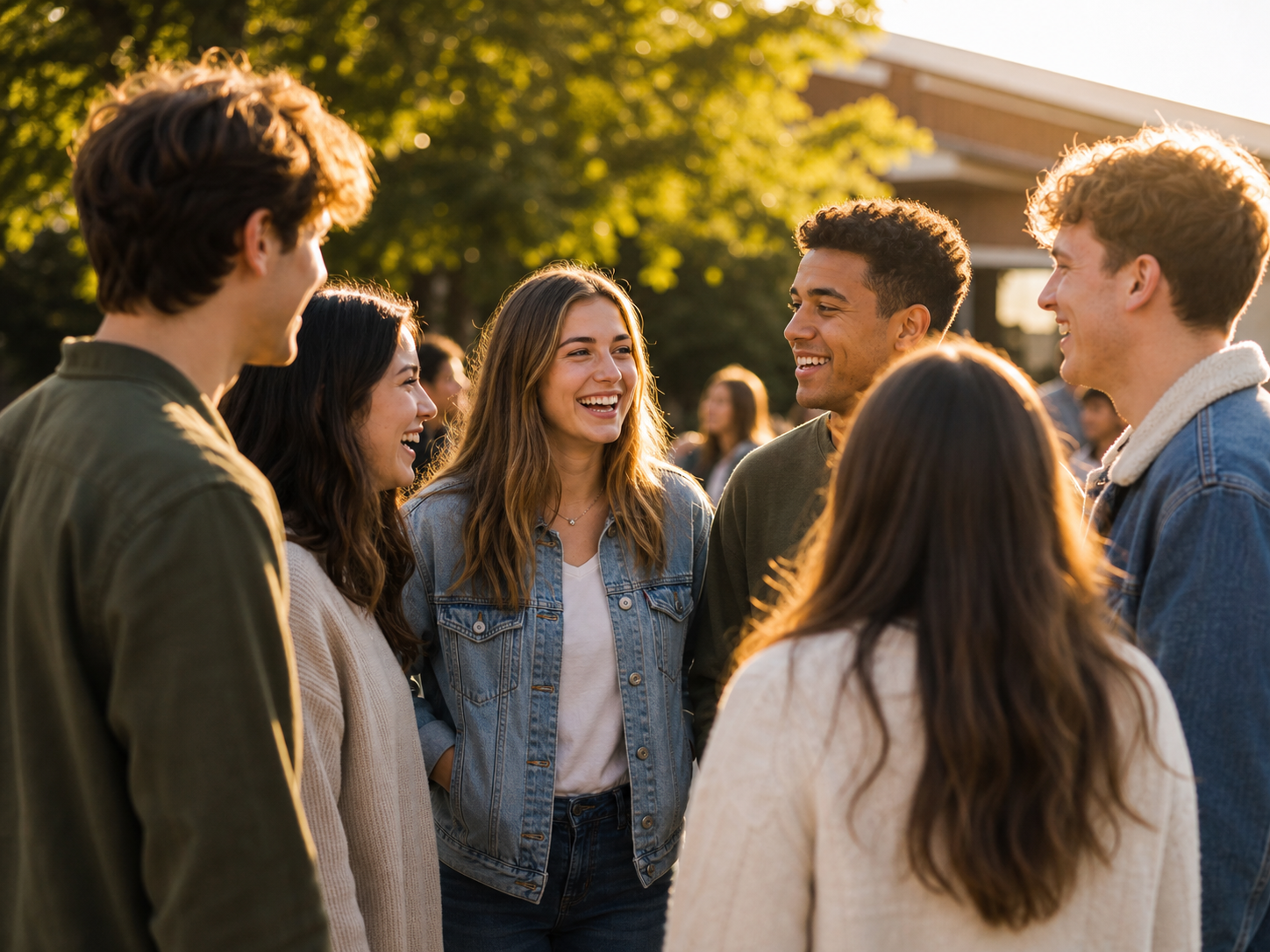 Young adults gathered outdoors in warm light.